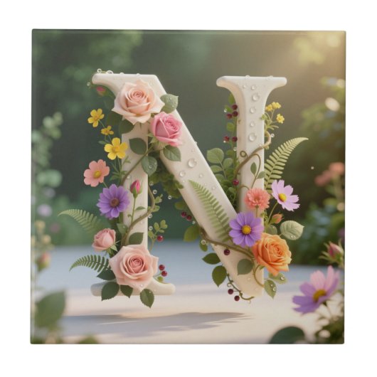 White Floral Garden Monogram Letter N タイル (正面)