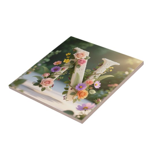 White Floral Garden Monogram Letter N タイル (側面)