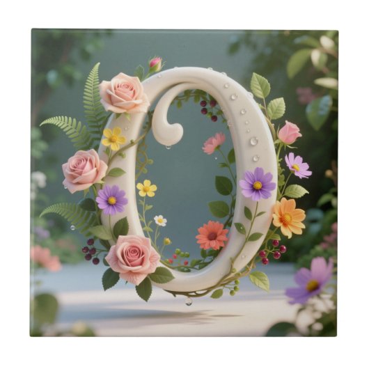 White Floral Garden Monogram Letter O タイル (正面)