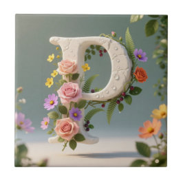 White Floral Garden Monogram Letter P タイル