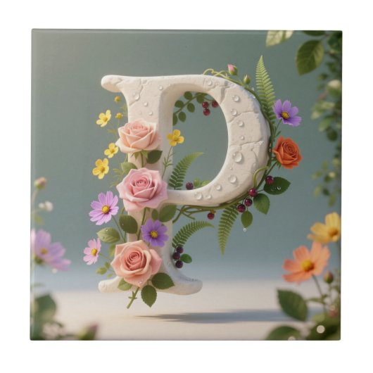 White Floral Garden Monogram Letter P タイル (正面)