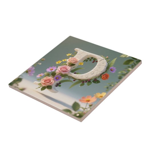 White Floral Garden Monogram Letter P タイル (側面)