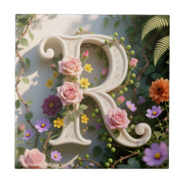 White Floral Garden Monogram Letter R タイル