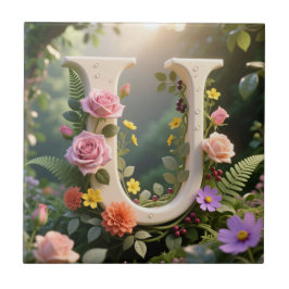 White Floral Garden Monogram Letter U タイル