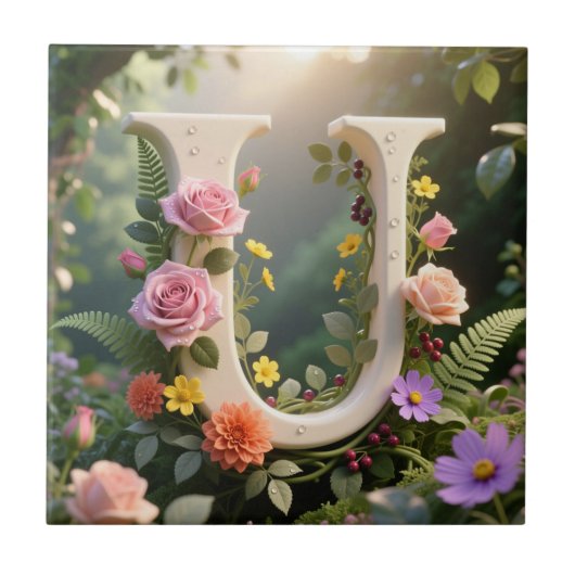 White Floral Garden Monogram Letter U タイル (正面)