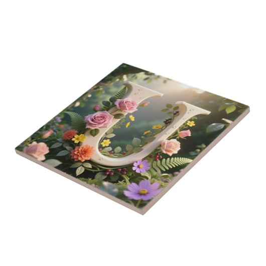 White Floral Garden Monogram Letter U タイル (側面)
