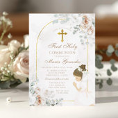 White Floral Gold Cross Girl First Holy Communion 招待状