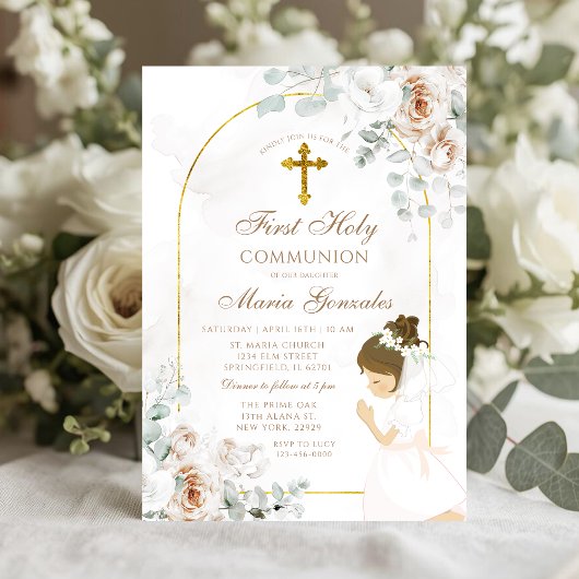 White Floral Gold Cross Girl First Holy Communion 招待状