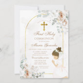 White Floral Gold Cross Girl First Holy Communion 招待状 (正面)