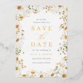 White Floral & Gold Foil Wedding Save The Date 箔招待状 (正面)