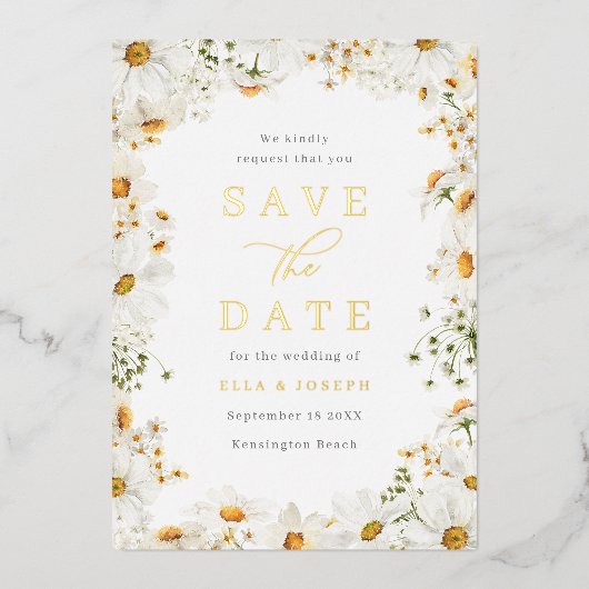 White Floral & Gold Foil Wedding Save The Date 箔招待状 (正面)
