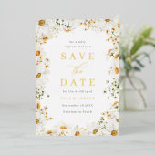 White Floral & Gold Foil Wedding Save The Date 箔招待状 (立ち正面)