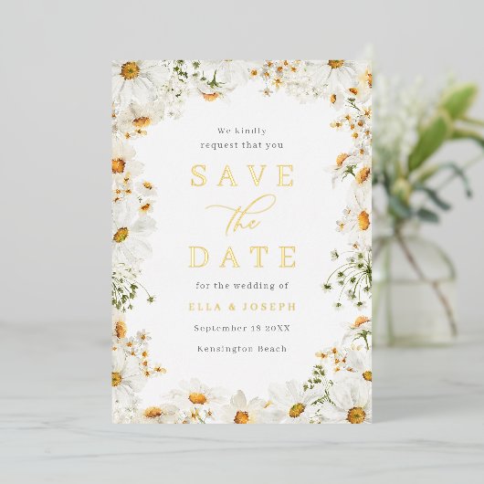 White Floral & Gold Foil Wedding Save The Date 箔招待状 (立ち正面)