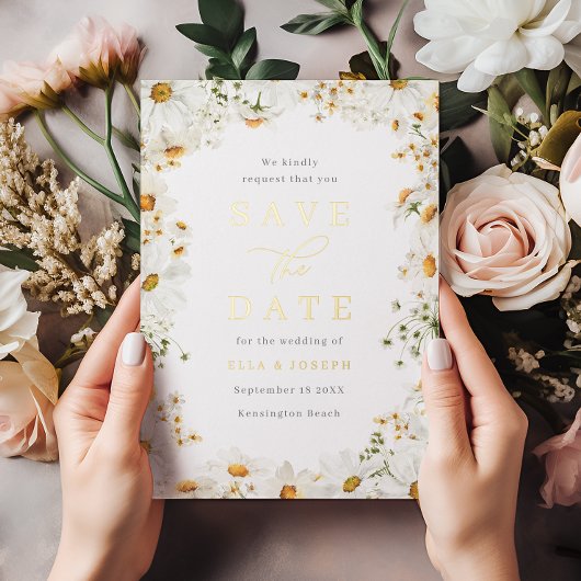 White Floral & Gold Foil Wedding Save The Date 箔招待状