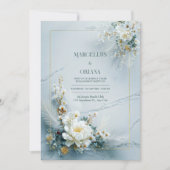 White Floral Gold Frame Marble Texture Wedding 招待状 (正面)
