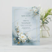 White Floral Gold Frame Marble Texture Wedding 招待状 (スタンド正面)