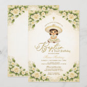 White Floral Gold Girl Charra Baptism 1st Birthday 招待状 (正面/裏面)