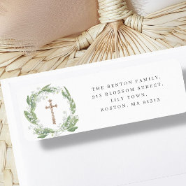 White Floral Greenery Cross Religious Address ラベル