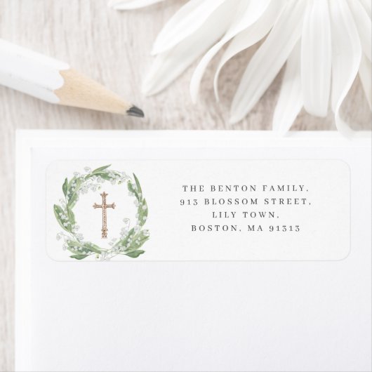 White Floral Greenery Cross Religious Address ラベル (インサイチュ)