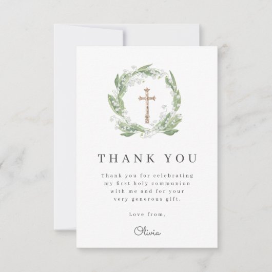 White Floral Greenery First Communion サンキューカード (正面)