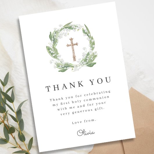 White Floral Greenery First Communion サンキューカード