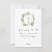 White Floral Greenery First Communion Photo サンキューカード (正面)