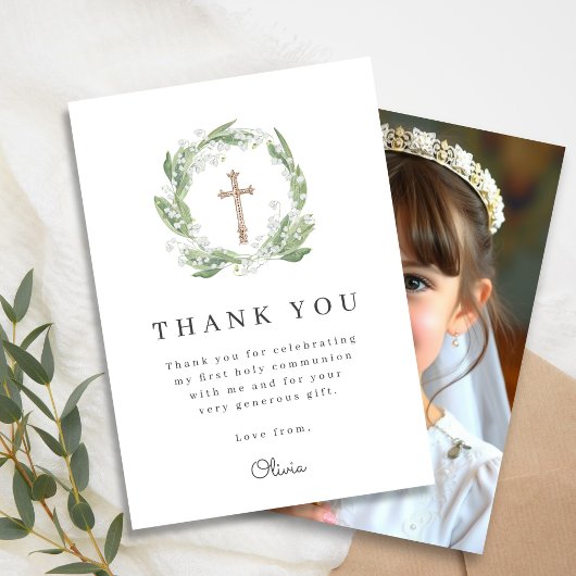 White Floral Greenery First Communion Photo サンキューカード