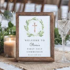 White Floral Greenery First Communion Welcome ポスター