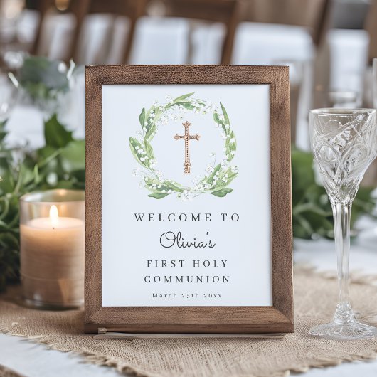 White Floral Greenery First Communion Welcome ポスター