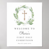 White Floral Greenery First Communion Welcome ポスター (正面)