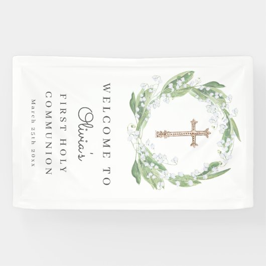 White Floral Greenery First Communion Welcome 横断幕 (横)