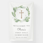 White Floral Greenery First Communion Welcome 横断幕 (縦)