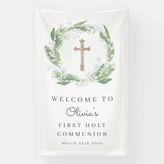 White Floral Greenery First Communion Welcome 横断幕 (縦)