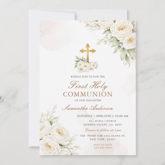 White Floral Ivory First Holy Communion  招待状 (正面)