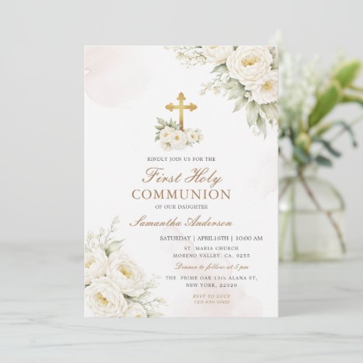 White Floral Ivory First Holy Communion  招待状 (スタンド正面)