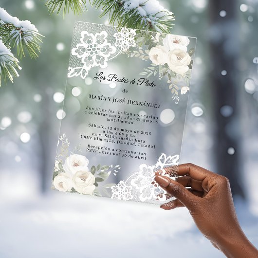 White Floral Lace Invitación Bodas de Plata アクリル招待状