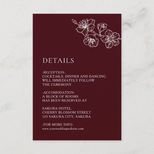 White Floral Line Art Burgundy Wedding エンクロージャーカード (正面)