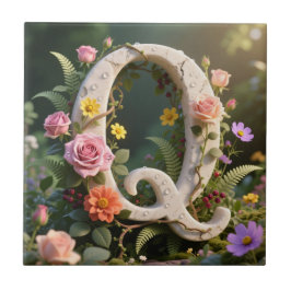 White Floral Marble Monogram Letter Q タイル