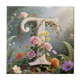 White Floral Marble Monogram Letter T タイル