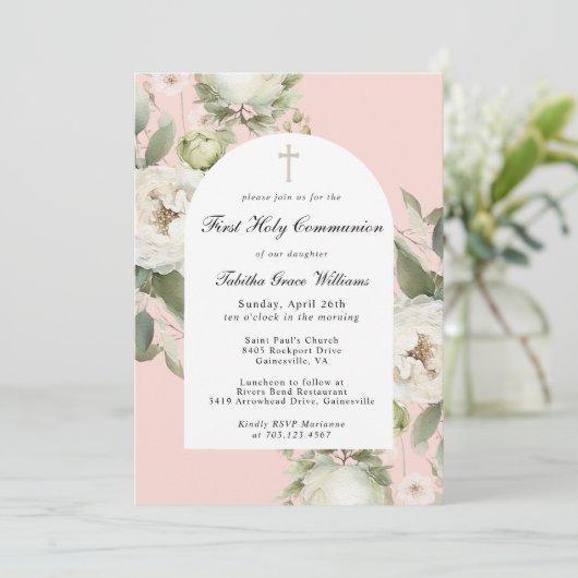 White Floral on Pink First Holy Communion 招待状 (スタンド正面)