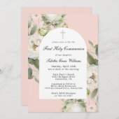 White Floral on Pink First Holy Communion 招待状 (正面/裏面)