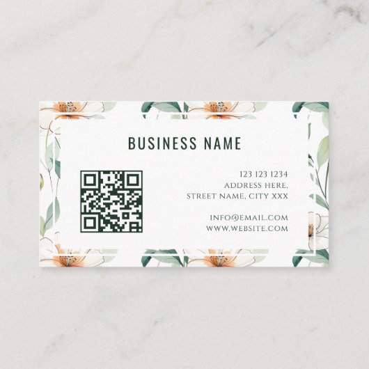 White Floral Pattern Green Greenery QR Code 名刺 (裏面)