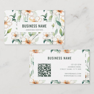 White Floral Pattern Green Greenery QR Code 名刺