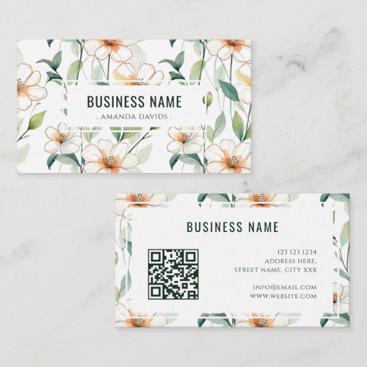 White Floral Pattern Green Greenery QR Code 名刺 (正面/裏面)
