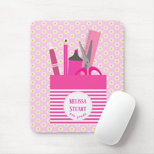 White Floral Pattern Pink Girly Stationeries マウスパッド (マウス)