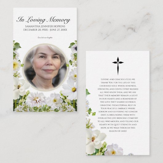 White Floral Photo Memorial Prayer Card 名刺 (正面/裏面)