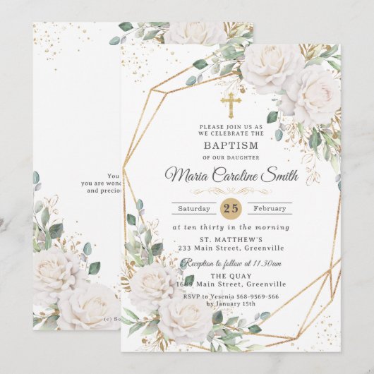 White Floral Roses Gold Cross Baptism  招待状 (正面/裏面)
