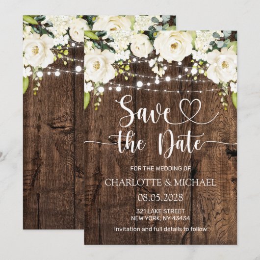 White Floral Save the Date Wedding 招待状 (正面/裏面)