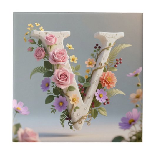 White Floral Textured Monogram Letter V タイル (正面)