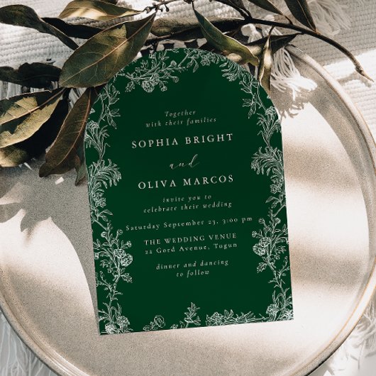 White Floral Vintage Green Wedding 招待状